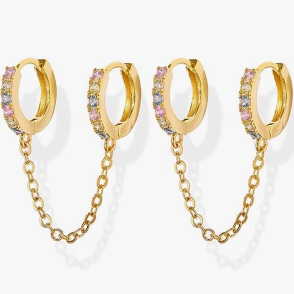 Pastel Rhinestone Gold Double Pierced Earrings Chain Crystal Connected Hoops New - Picture 1 of 7